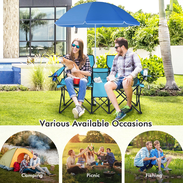 Portable Double Camping Chair with Umbrella and Ice Bag