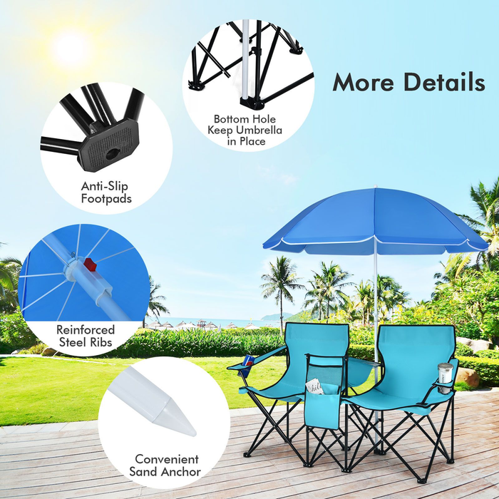 Portable Double Camping Chair with Umbrella and Ice Bag