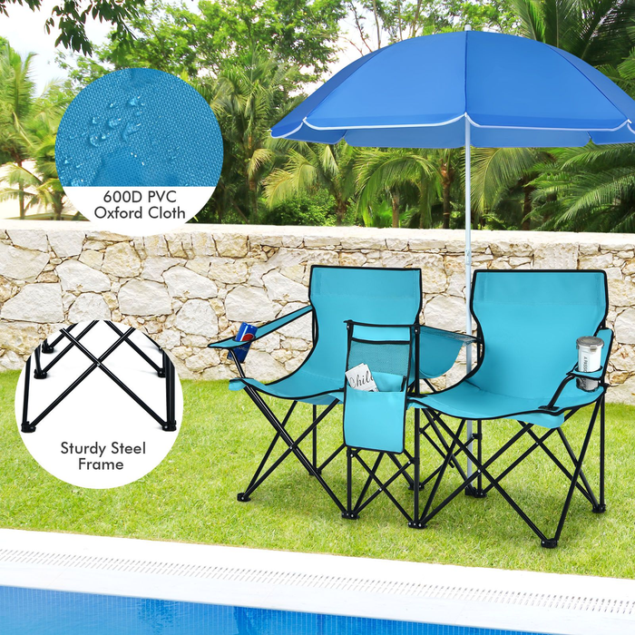 Portable Double Camping Chair with Umbrella and Ice Bag