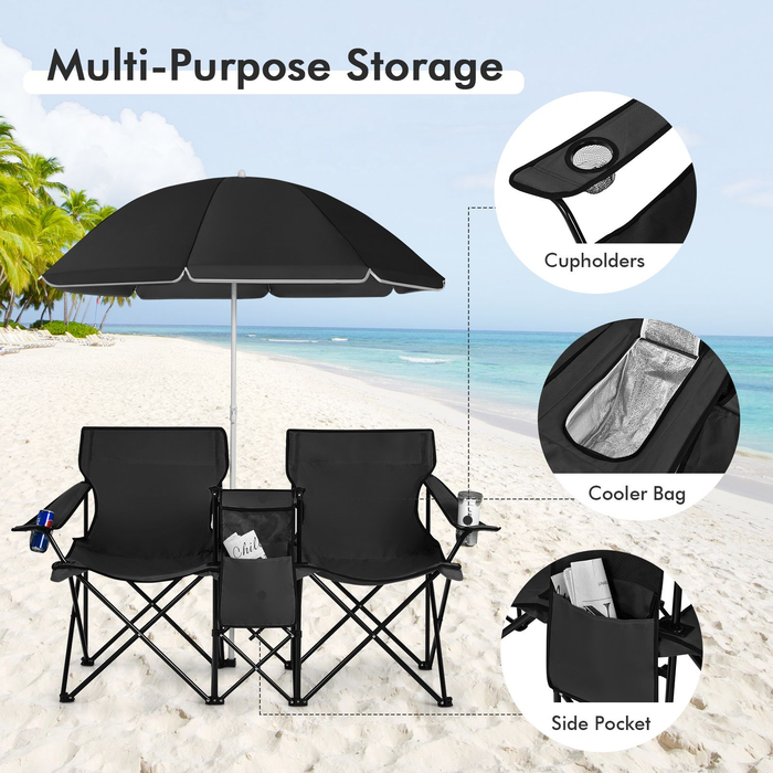 Portable Double Camping Chair with Umbrella and Ice Bag