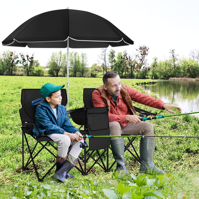 Portable Double Camping Chair with Umbrella and Ice Bag