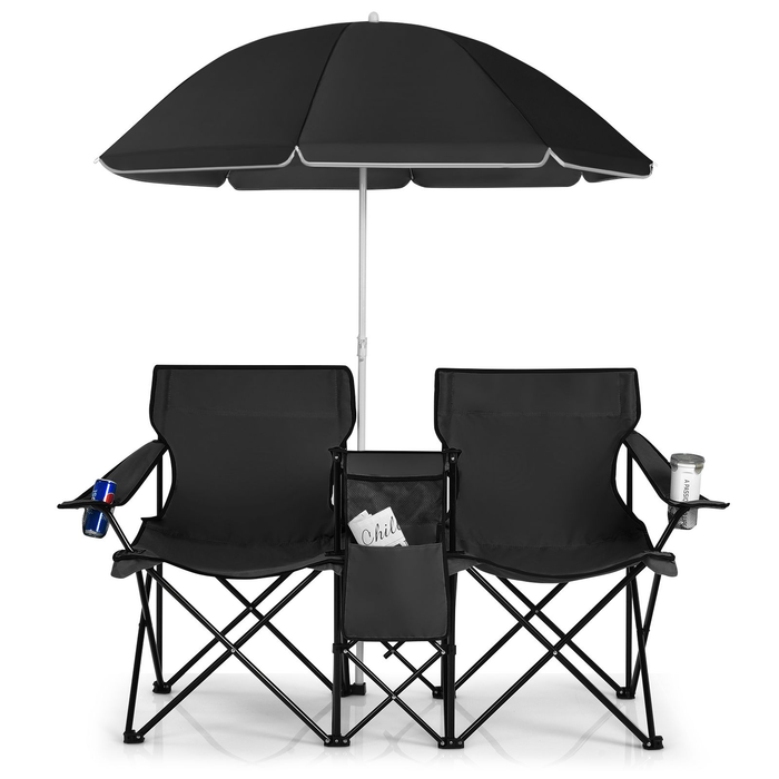 Portable Double Camping Chair with Umbrella and Ice Bag