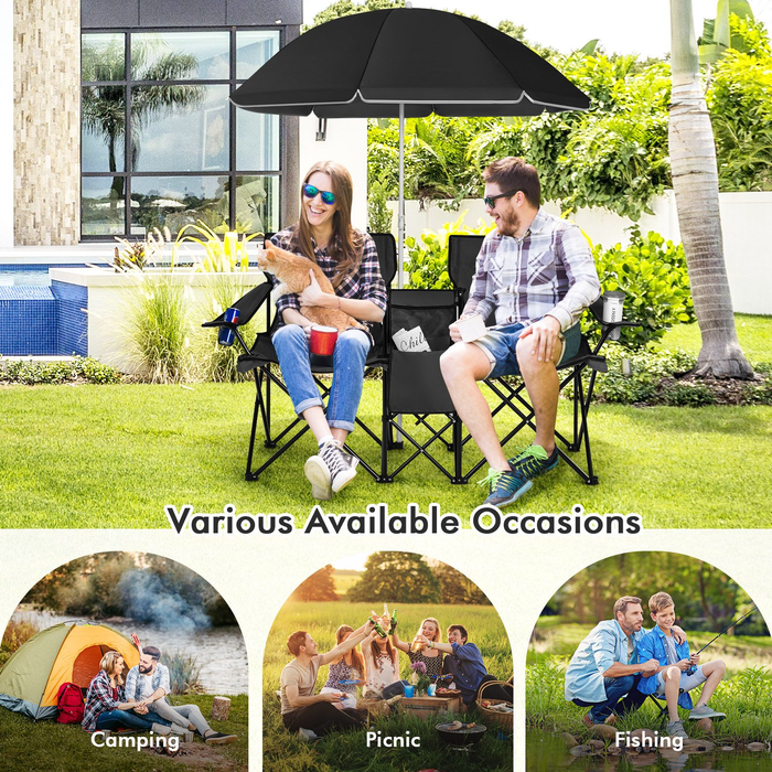 Portable Double Camping Chair with Umbrella and Ice Bag