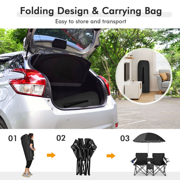 Portable Double Camping Chair with Umbrella and Ice Bag