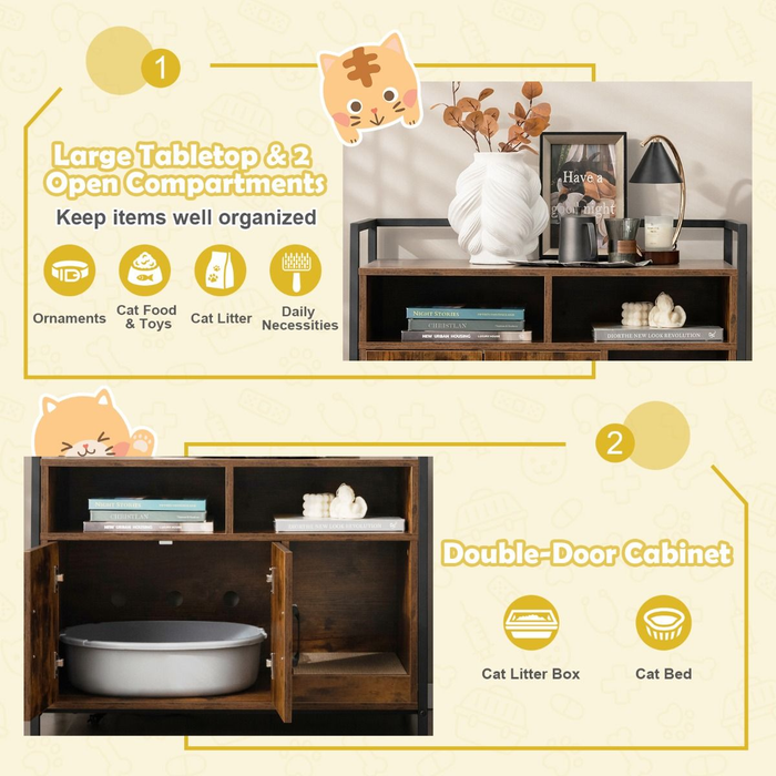 Wooden Cat Litter Box Enclosure with Compartments and Scratching Board