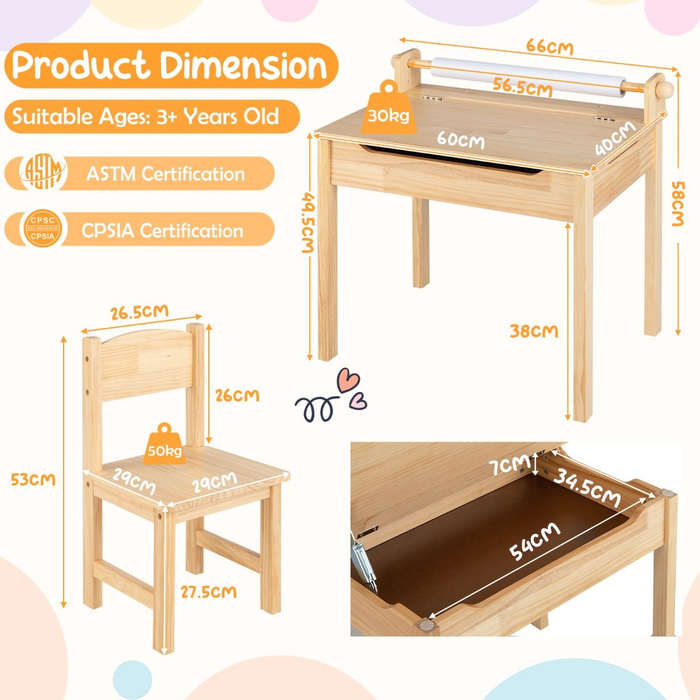 Toddler Activity Table with Chair with Storage and Paper Roll Holder