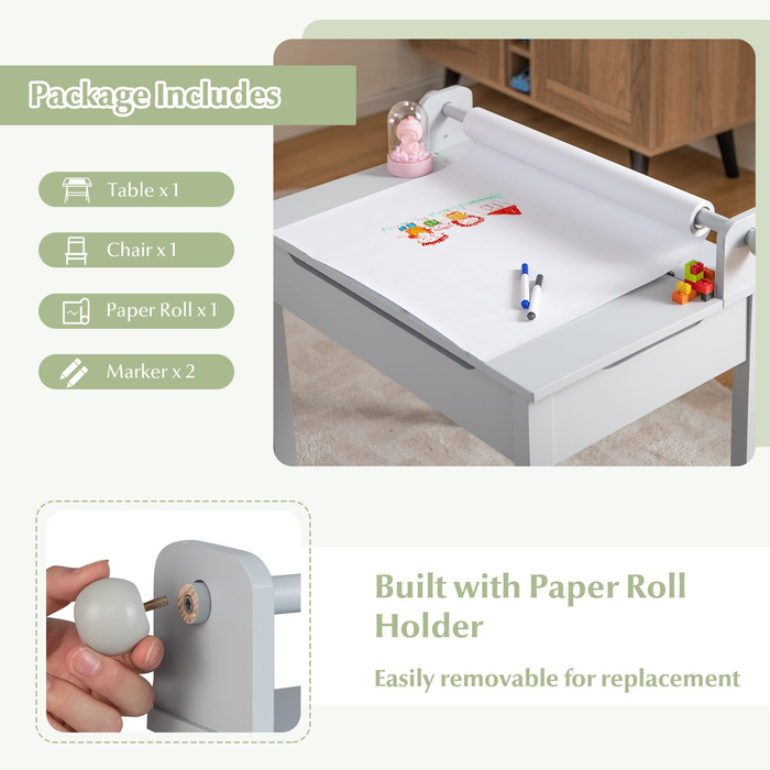 Toddler Activity Table with Chair with Storage and Paper Roll Holder