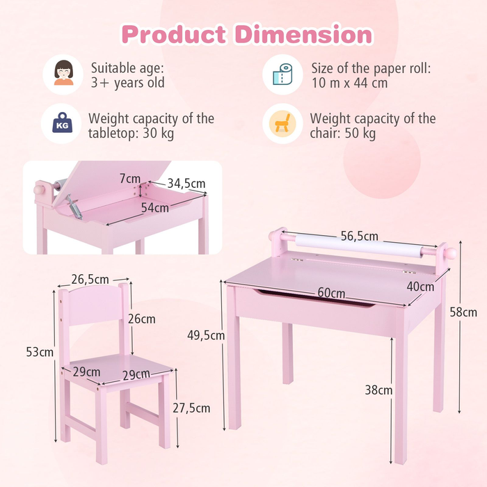 Toddler Activity Table with Chair with Storage and Paper Roll Holder