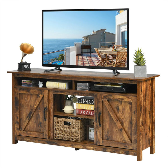 Wooden TV Cabinet with Barn Doors and Open Shelf