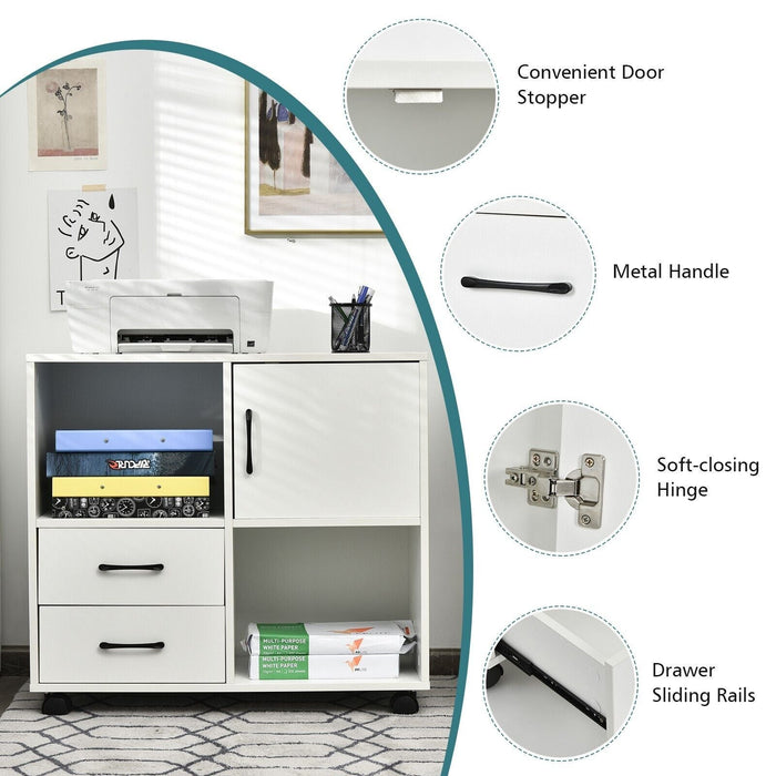 Home Office Mobile File Cabinet with 2 Drawers 2 Open Shelves and Door