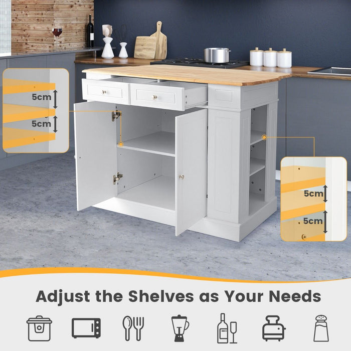 Drop-Leaf Kitchen Island with Extendable Worktop and Adjustable Shelves