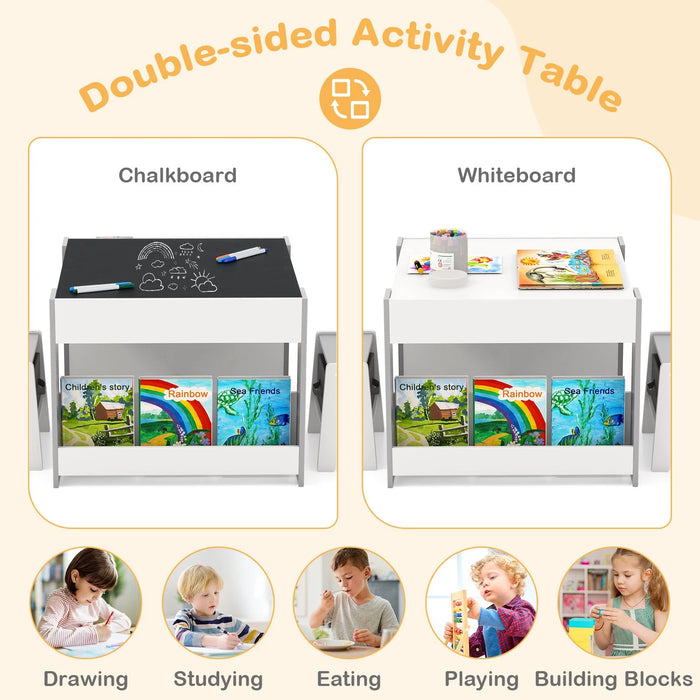 4 in 1 Kids Table and Chairs Set with Reversible Tabletop and Bookshelves