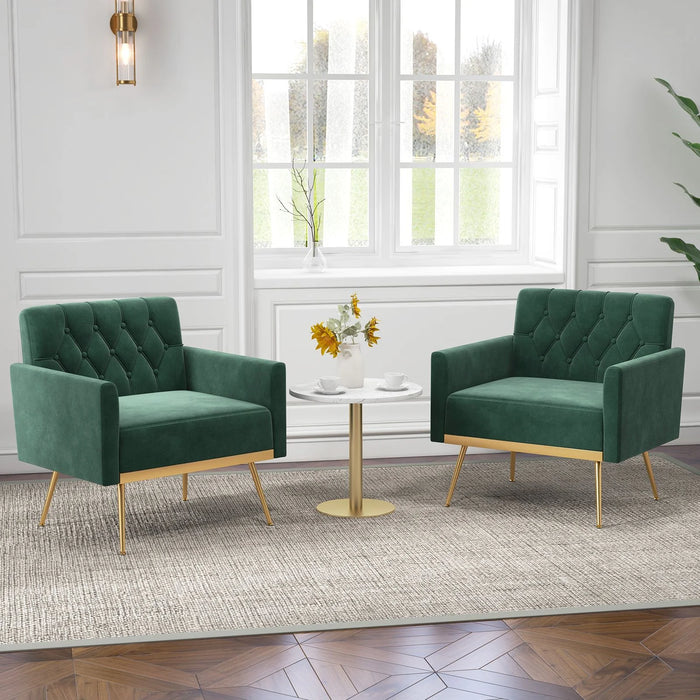 Modern Velvet Accent Chair with Button Tufted Back and Golden Metal Legs