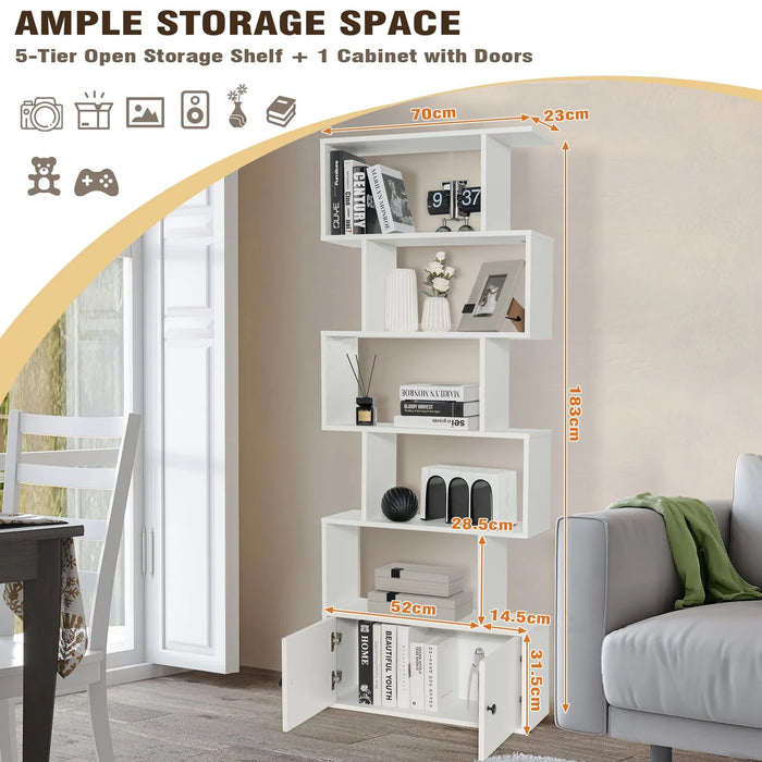 Industrial S-Shaped 5-Tier Bookcase with Cabinet