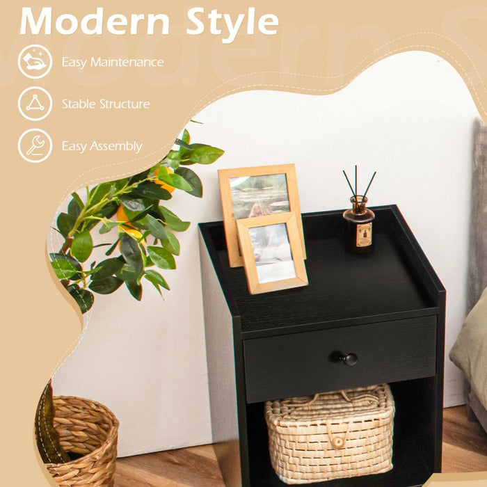 Set of 2 Bedside Table with a Drawer and Open Shelf