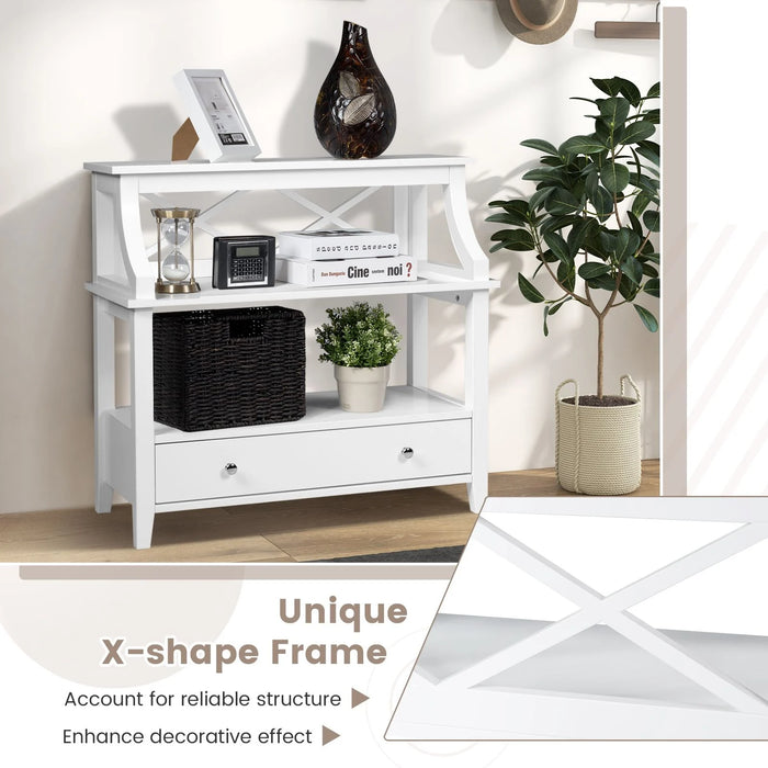 3-Tier X-Shaped Console Table with Drawer and Open Storage Shelves